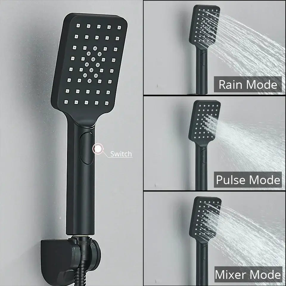 Modern black and chrome thermostatic shower set with matte black chrome showerhead featuring mode switch on handle