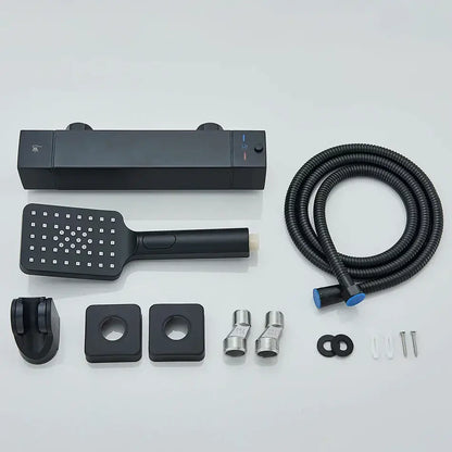 Modern black chrome thermostatic shower set with matte finish, rectangular control, square handheld showerhead, and blue hose connectors