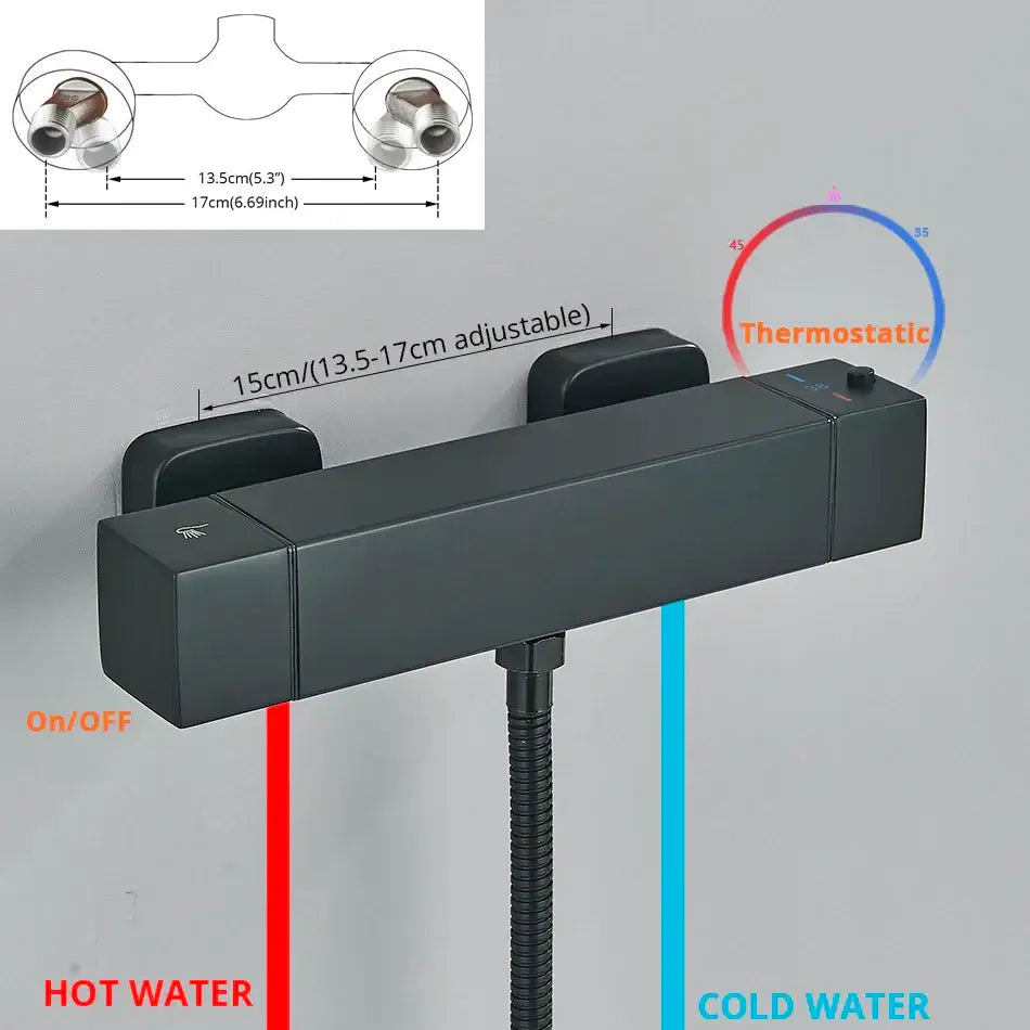Modern black and chrome thermostatic shower set with black chrome thermostatic mixer and adjustable height for bathroom use