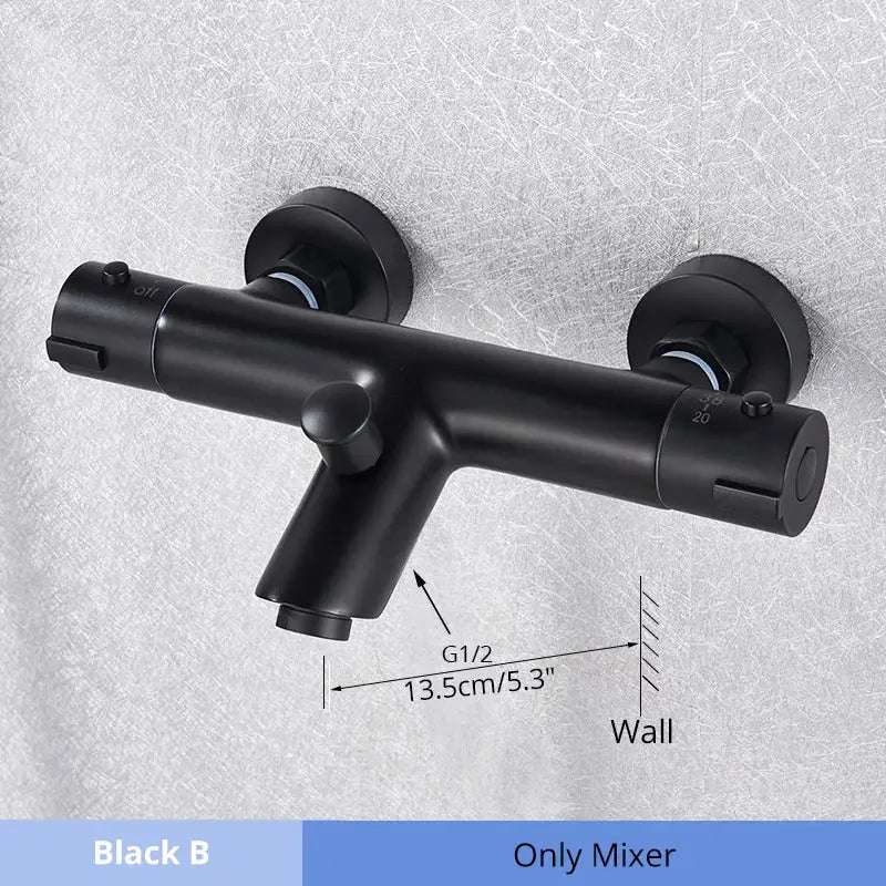 Modern black chrome thermostatic shower set featuring a black matte wall-mounted bathtub mixer with dual control knobs