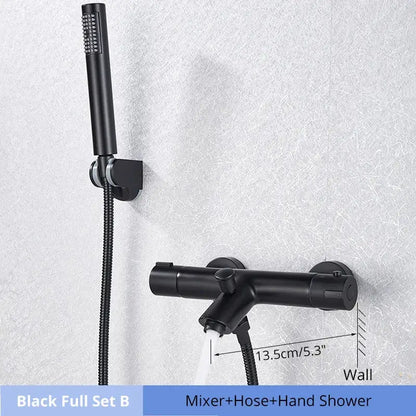 Modern black and chrome thermostatic shower set with black matte wall-mounted mixer and integrated hand shower by decorbites black chrome