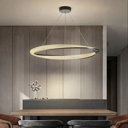 Modern black circle chrome chandelier with sleek black frame and embedded led lights casting warm glow for decorbites black circle