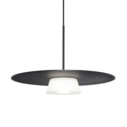 Modern black pendant light with a circular metal shade and frosted glass diffuser for decorbites circular coffee shop decor