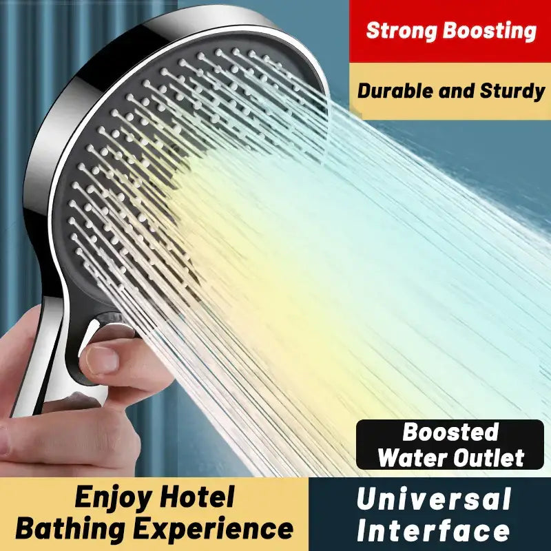 Silver chrome-finished handheld shower head with multiple nozzles and decorbites circular high pressure design