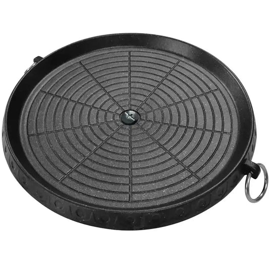 Modern black circular korean grill pan with concentric ridges and embossed text along the rim by decorbites grill pan