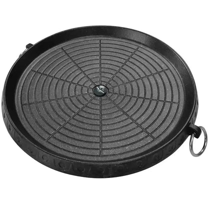 Modern black circular Korean grill pan with concentric ridges and embossed decorbites Korean grill text on rim