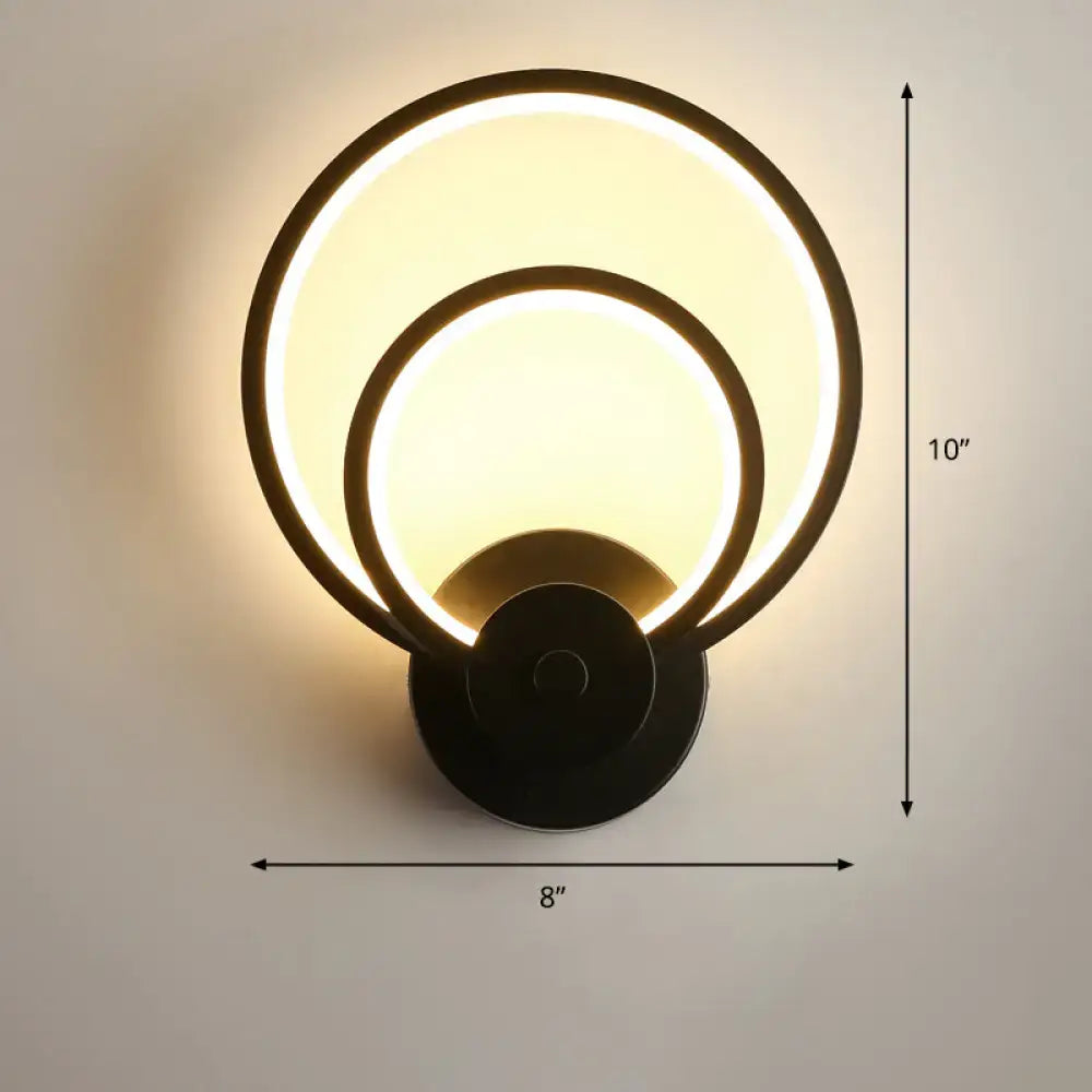 Modern black circular led light fixture wall sconce with two illuminated rings and remote control for bedroom use