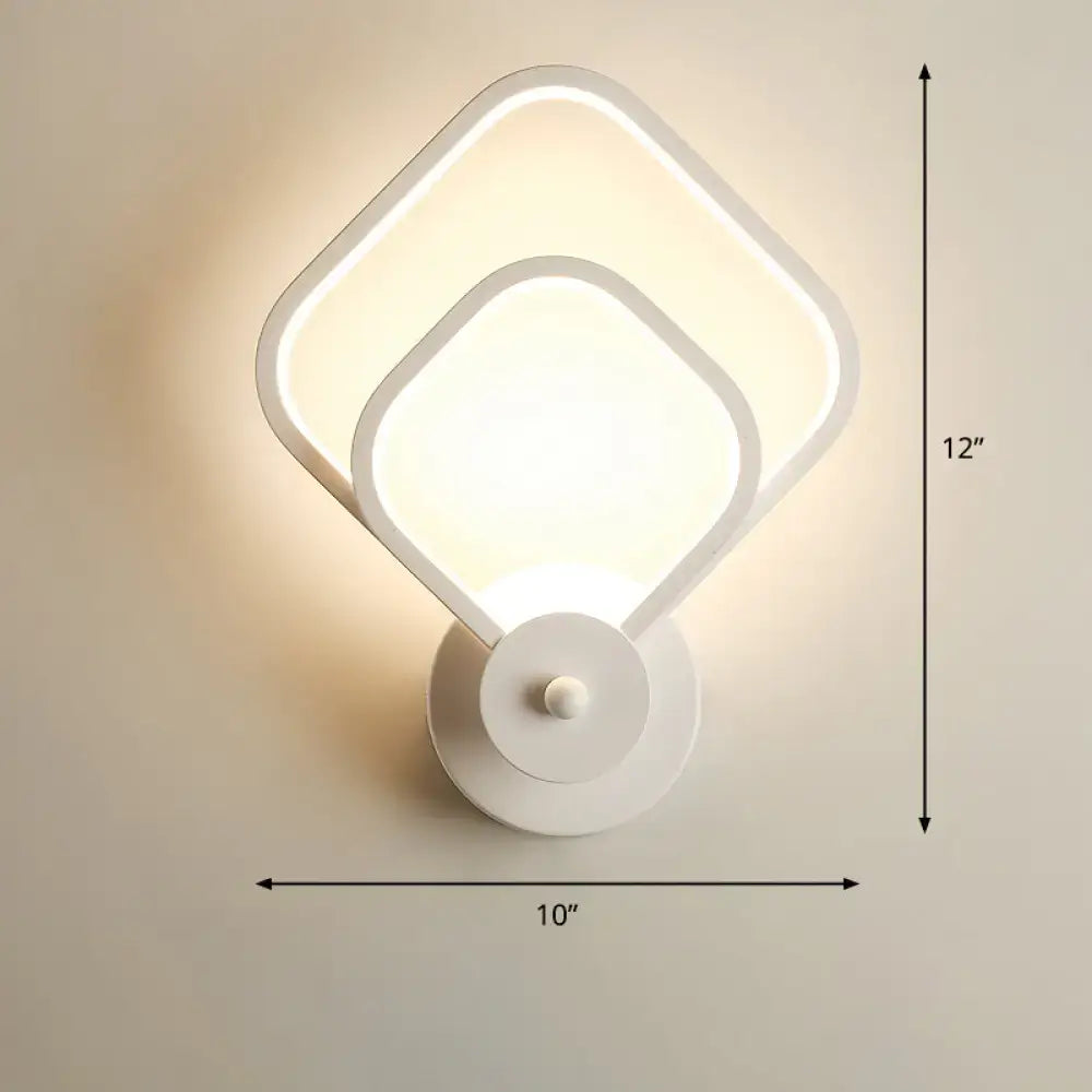 Modern black circular led light fixture with a white led wall sconce featuring two overlapping square light panels and remote control