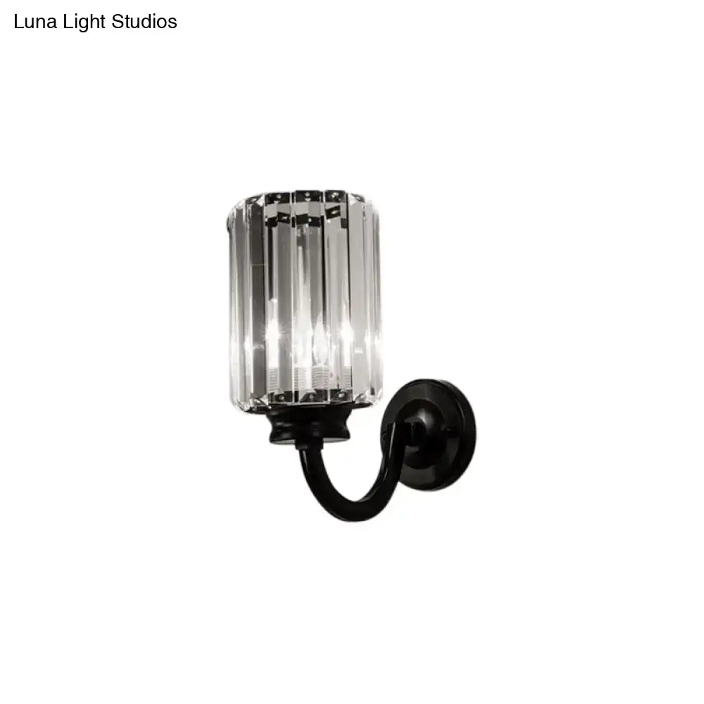Modern black metal wall lamp with clear crystal drum glass shade suitable for living room sconce lighting