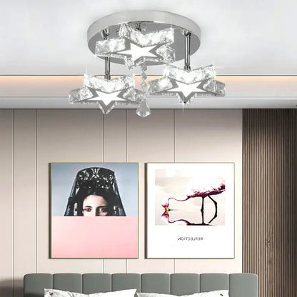 Modern black and clear crystal led ceiling chandelier with chrome base and faceted star-shaped decorbites crystal led elements