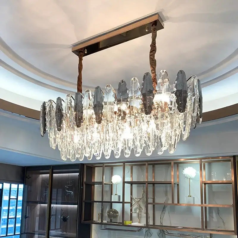 Modern black and clear diamond crystal chandelier pendant lamp with sleek rectangular metallic frame and hanging droplets