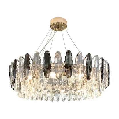 Modern black and clear diamond crystal chandelier with leaf-shaped crystals and gold pendant lamp for living room