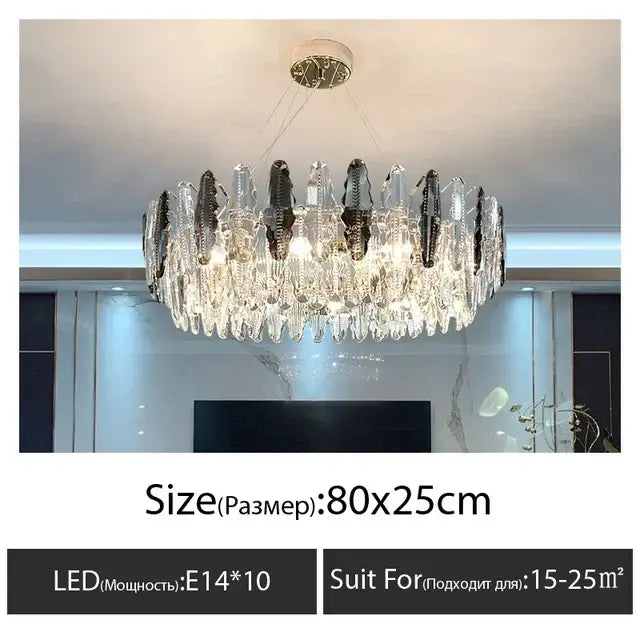 Modern black and clear diamond crystal chandelier pendant lamp with circular metallic frame and crystal droplets for living room