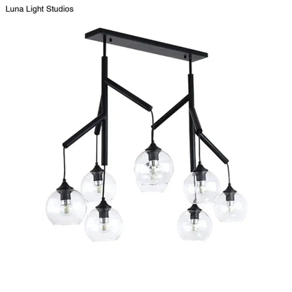 Black metal pendant light with five clear glass globe bulbs compatible with 110v-120v power supply
