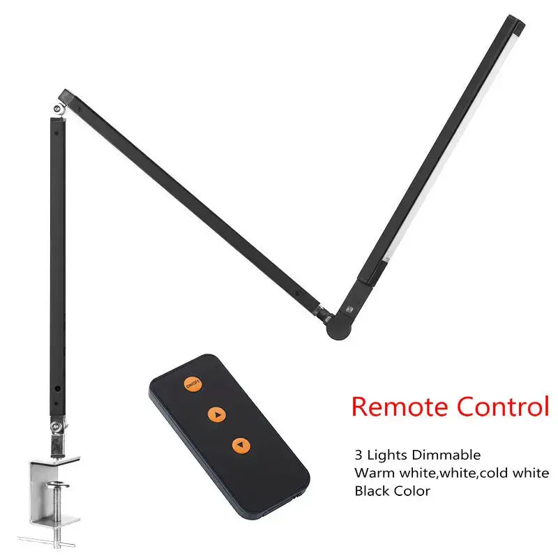 Modern black clip led desk lamp with clamp base and remote control for dimmable warm, white, and cold lighting