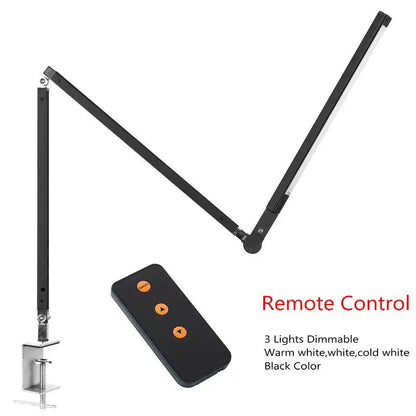 Modern black clip led desk lamp with clamp base and remote control for dimmable warm, white, and cold lighting