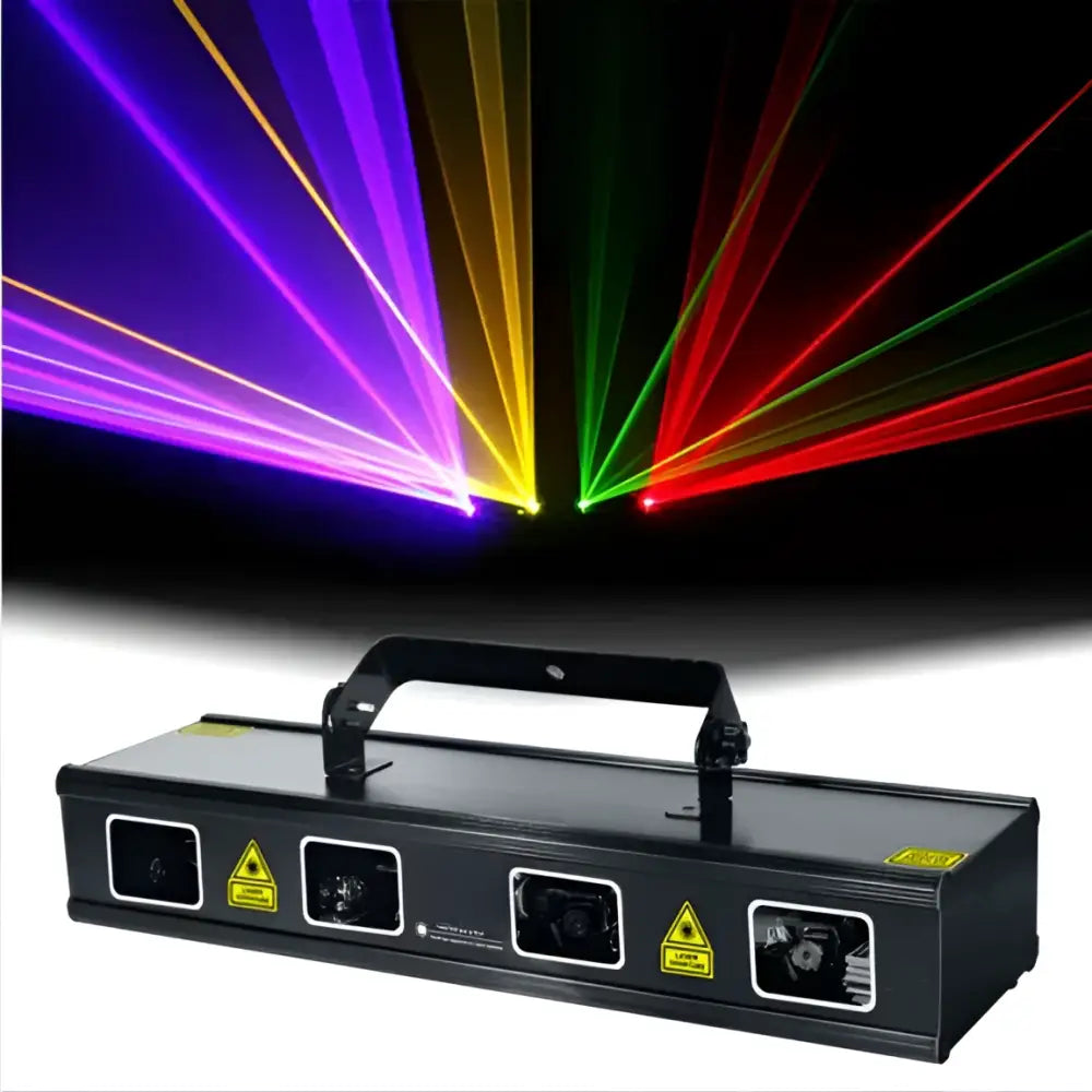 Modern black color laser light disco radium spotlight with four lenses and handle for stage decor and events
