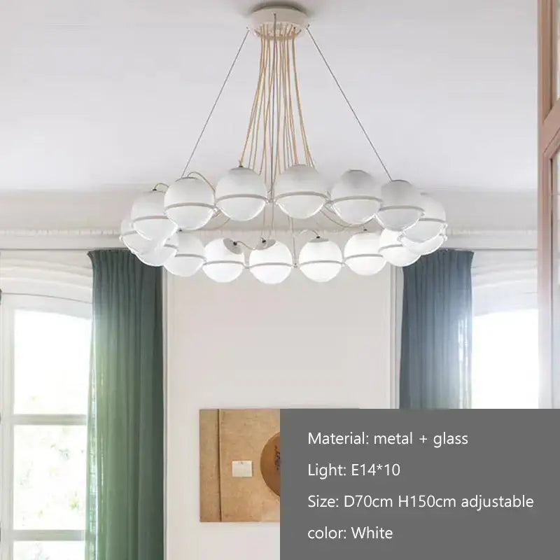 Modern black concentric pendant lights featuring a white spherical glass shade led with metal frame and adjustable cords