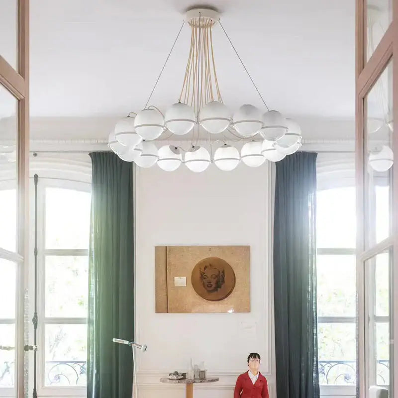 Modern black concentric chandelier with brass fixture and white glass shade led pendant lights suspended by cords
