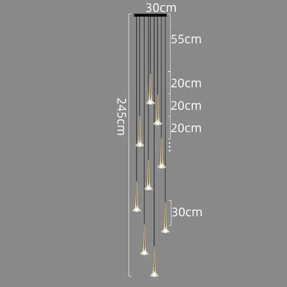 Modern black conical crystal led stair lighting fixture with multiple slender gold-toned pendant lights by decorbites crystal led