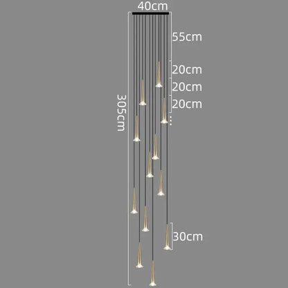 Modern black conical crystal led staircase chandelier with slender gold-toned pendant lights by decorbites crystal led