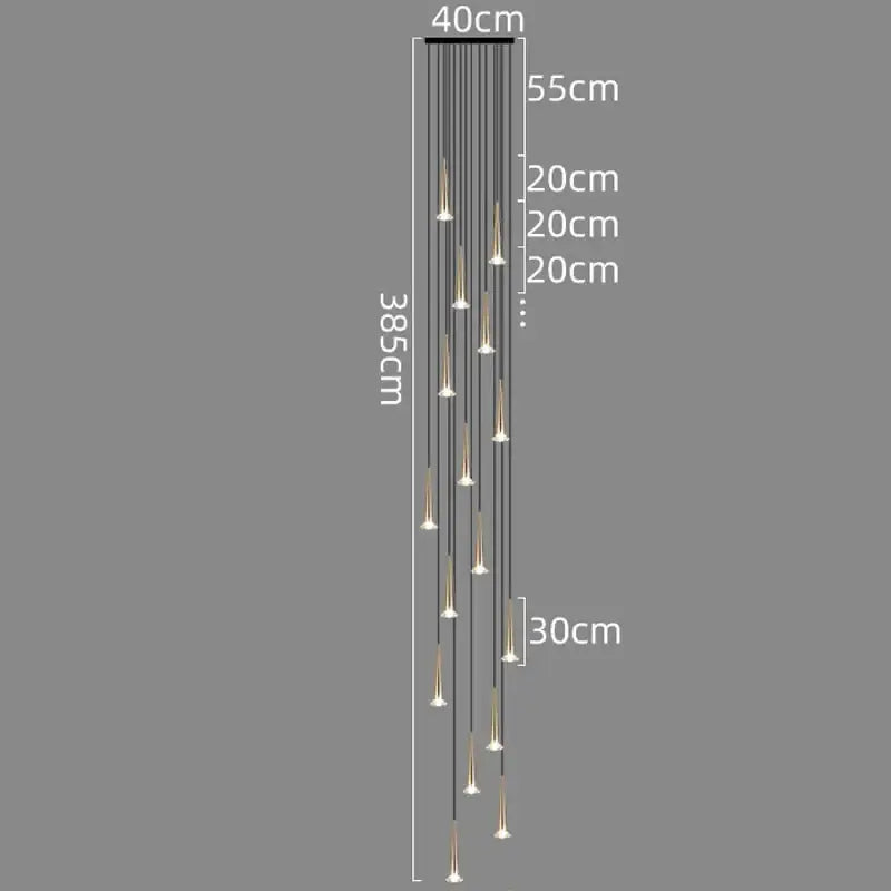 Modern black conical crystal led staircase chandelier with slender cords and gold-toned fixtures for stairwell decorbites crystal led