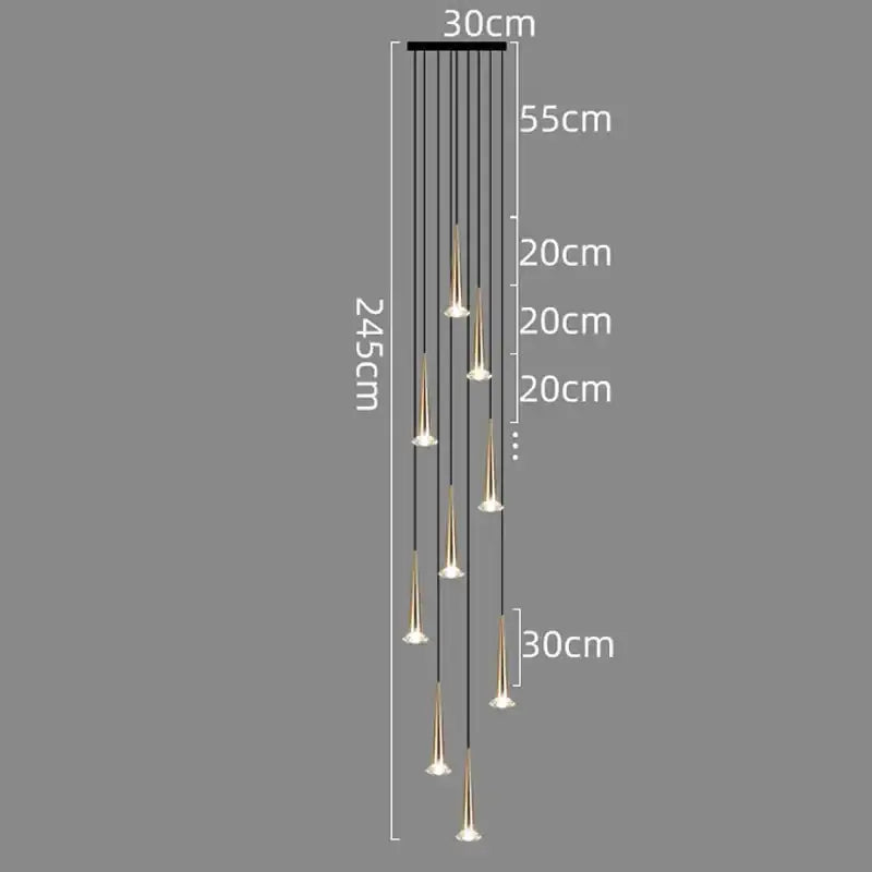 Modern black conical decorbites crystal led staircase chandelier with gold-toned cone lights and black ceiling mount