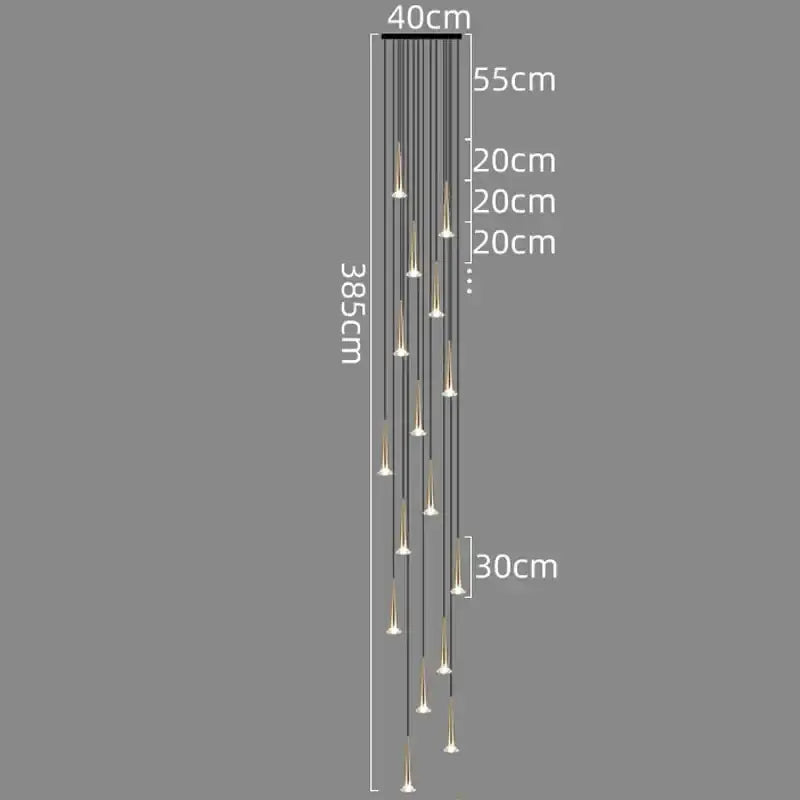 Modern black conical decorbites crystal led chandelier with slender metallic rods and gold-toned cone lights for staircase lighting