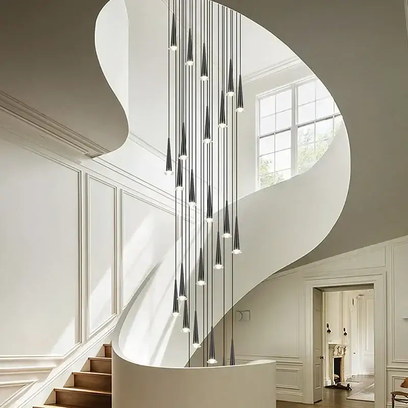 Modern black conical decorbites crystal led chandelier pendant lights cascading from ceiling for staircase lighting