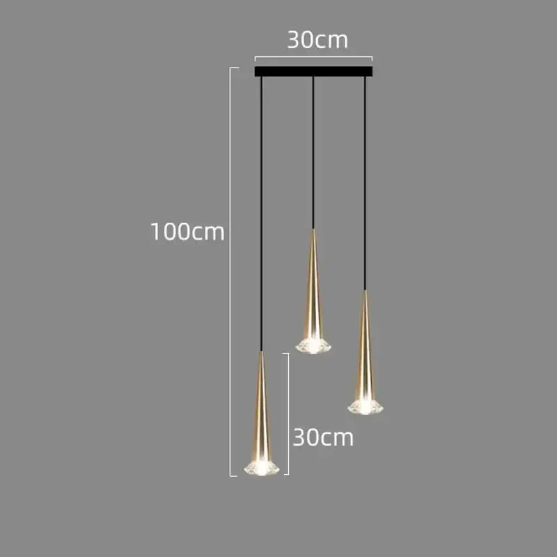 Modern black conical decorbites crystal led chandelier with gold-toned pendant light and three slender cone shades