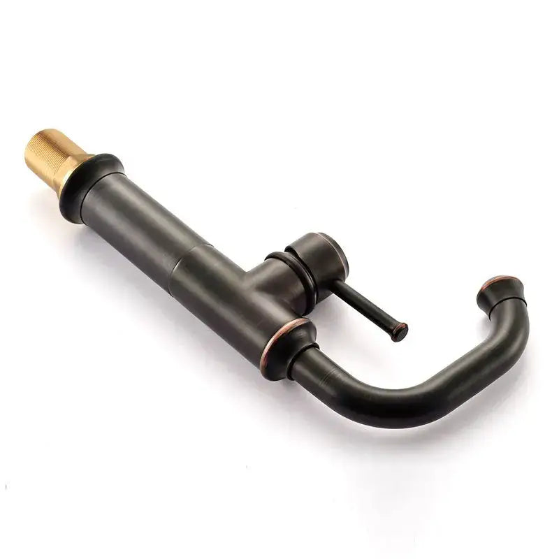 Modern black and copper basin faucet with bronze-finished sleek curved spout and single lever decorbites black antique brass