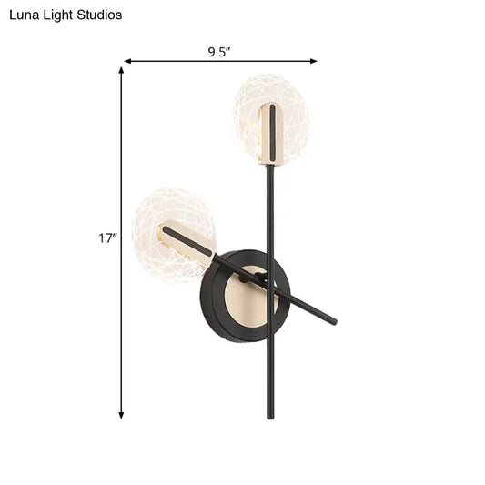 Modern black and cream two-light wall light with spherical textured glass shades and warm white 220v-240v illumination
