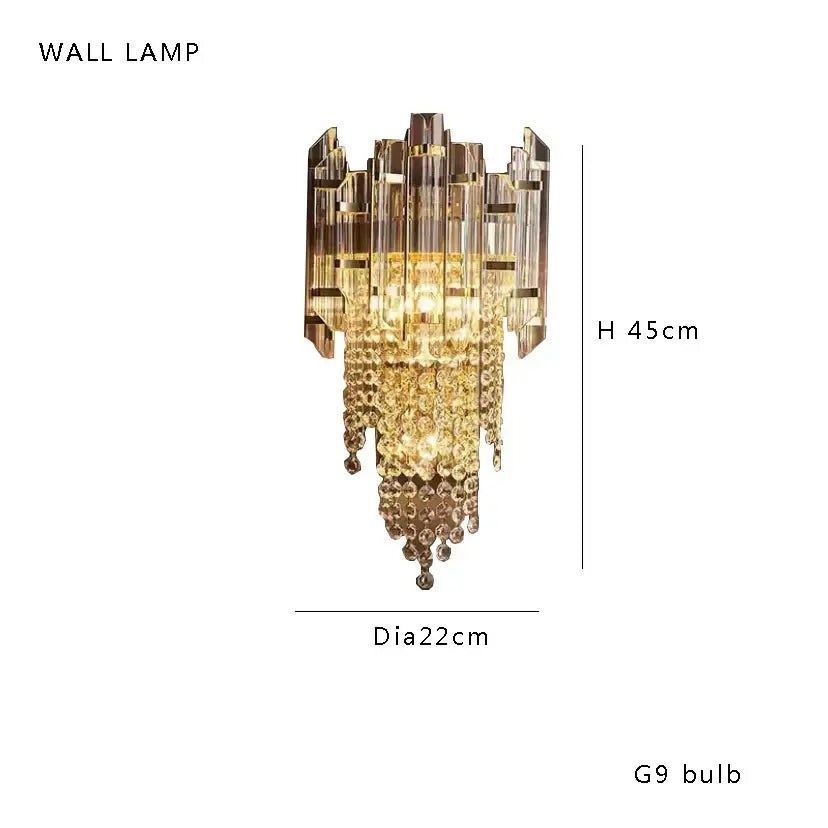 Gold-toned crystal wall lamp with tiered geometric glass panels and cascading black crystal bead decorbites ceiling light