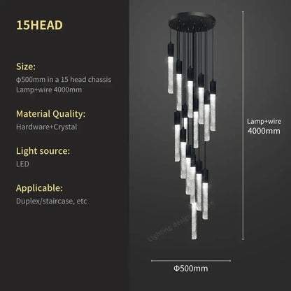 Modern black crystal bubble chandelier pendant light with 15 cylindrical crystal-encrusted lamps and circular base
