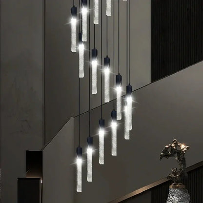 Modern black crystal bubble chandelier pendant light with clear textured glass cylinders and dark metal fixtures for staircase decorbites crystal bubble design