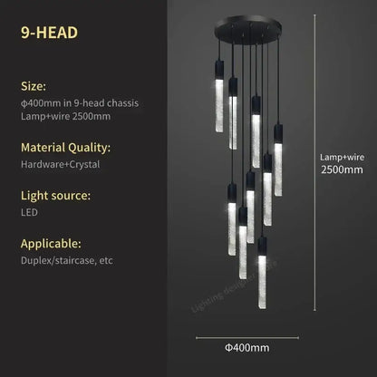 Modern black crystal bubble chandelier staircase pendant light with nine illuminated glass rods in black metal design