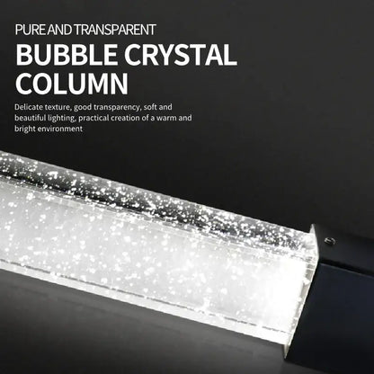 Modern black crystal bubble chandelier pendant light featuring a sleek transparent column with sparkling particles