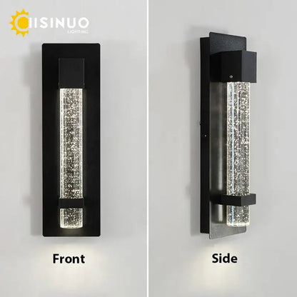 Modern black wall lamp with vertical glass tube filled with sparkling decorbites crystal bubble led particles illuminated by led lights