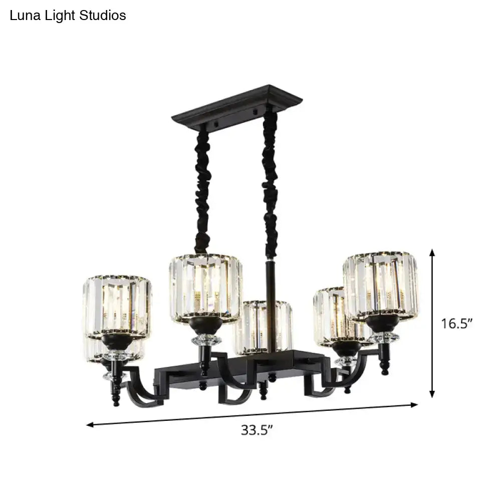 Modern black wrought iron ceiling light with five crystal glass shades and adjustable cord length for dining room use