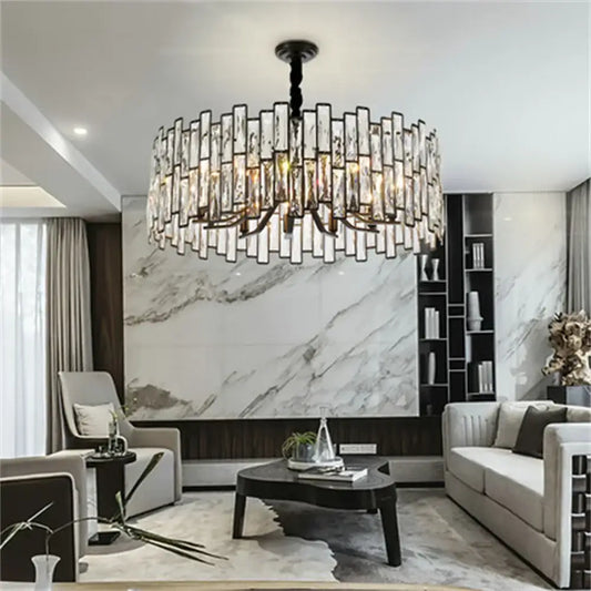 A modern black crystal chandelier with vertical crystal rods and black metal frame for dining room decorbites black crystal