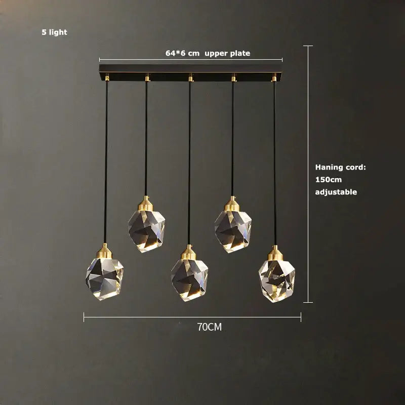 Modern black crystal copper chandelier with five faceted crystal shades and gold-toned fixtures for dining room decorbites black crystal