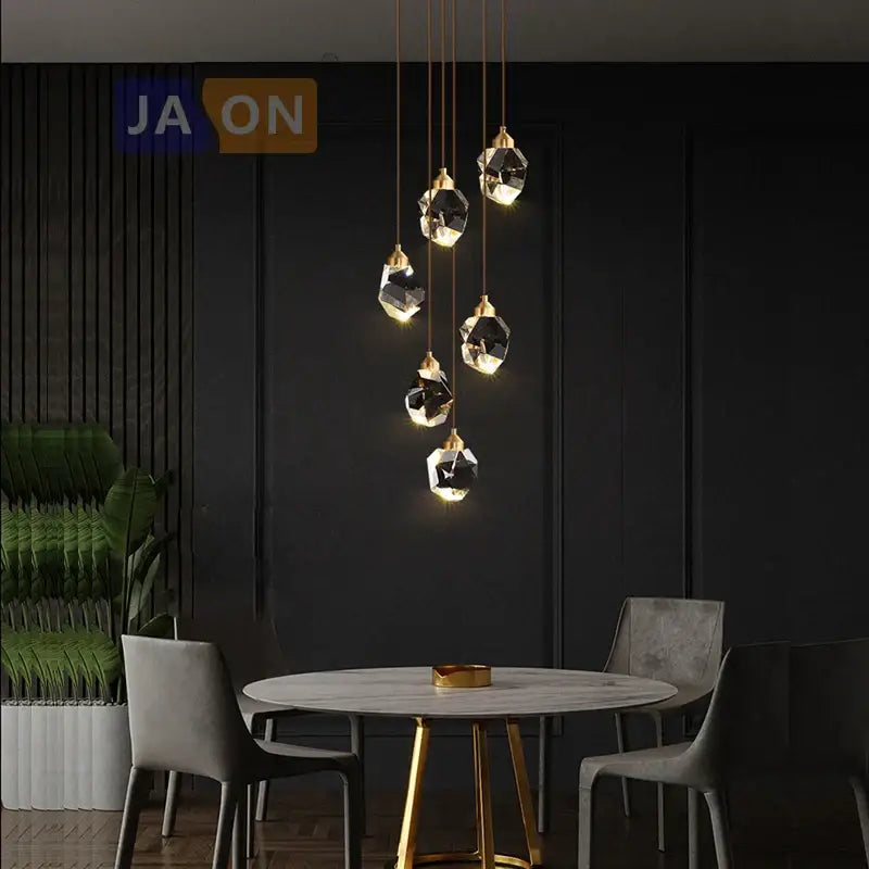 Modern black crystal copper chandelier with geometric crystal pendant light and gold toned metal accents for dining room decorbites black crystal