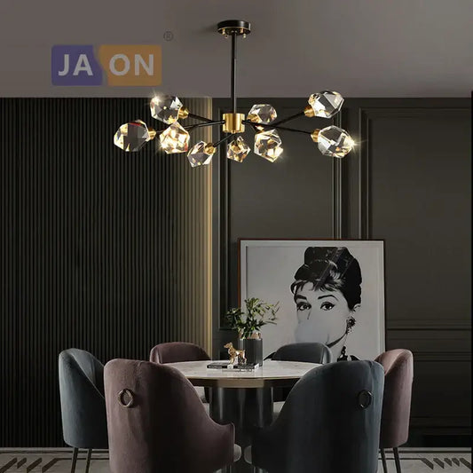 Modern black crystal copper led chandelier with black rod gold accents and faceted bulbs for dining room decorbites black crystal