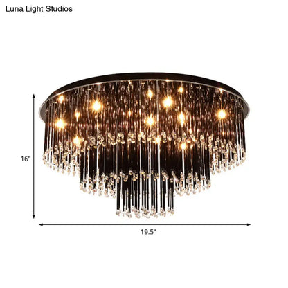 DecorBites modern black crystal flush mount chandelier with black metal frame and cascading clear crystal prisms for bedroom