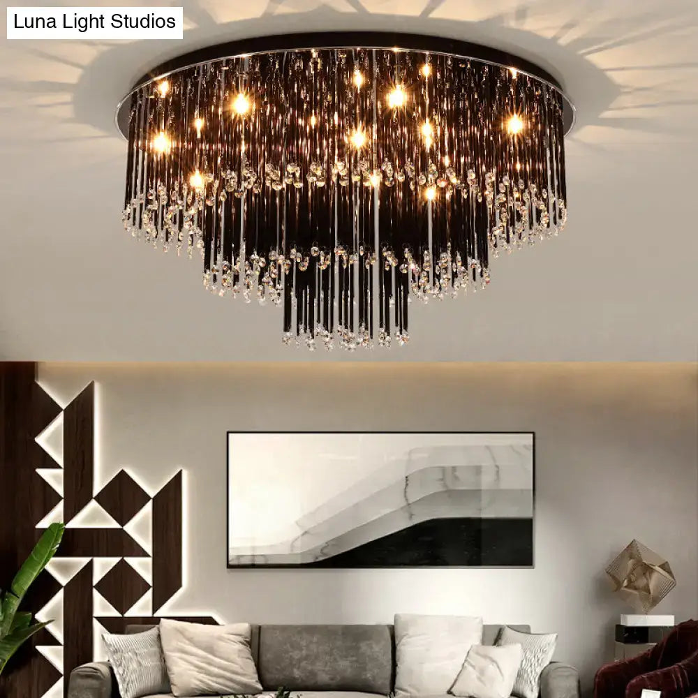 DecorBites™ modern black crystal flush mount chandelier with sleek frame and cascading crystal prisms for bedroom