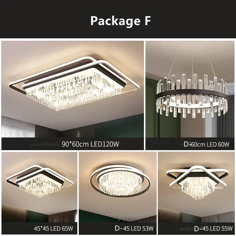 Modern black crystal industrial pendant chandelier set featuring a rectangular led ceiling light with clear crystal accents