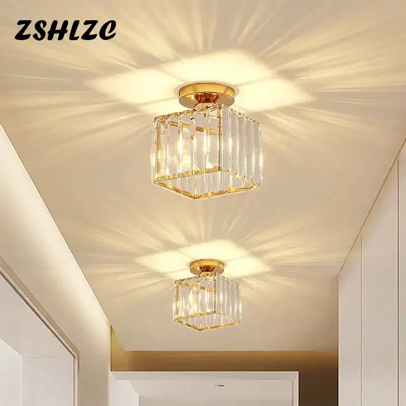 Modern black crystal led ceiling light fixture with gold-finished geometric crystal chandelier and clear glass panels by decorbites crystal led
