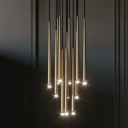 Modern black crystal led chandelier featuring gold-toned cylindrical pendant lights with warm glowing bulbs for dining room decorbites crystal led