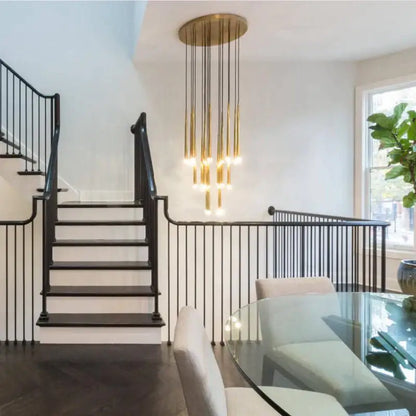 Modern gold-toned decorbites crystal led chandelier with slender rods and circular top for dining room pendant light decor