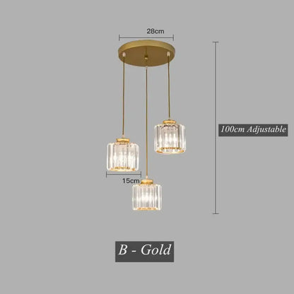 Modern black crystal led pendant chandelier featuring gold-finished three-light design with clear ribbed glass shades
